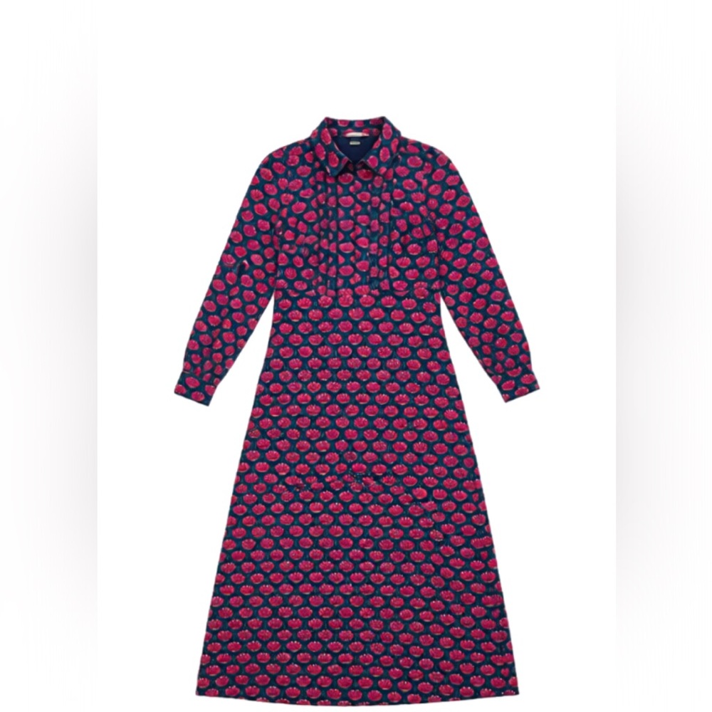 Boden Navy Floral Scallop‑Trim Shirt Dress — 🌸 Bold Print | Tailored | Maxi